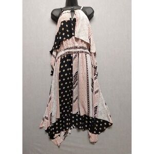 New York & Company Asymmetric Patchwork Maxi Dress M Boho Tie Neck Cape Overlay